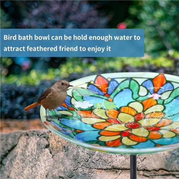 Bird Baths for Outdoors, Glass Birdbath Birdfeeder Bowl with Metal Stake - Picture 4 of 7